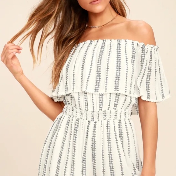Off the Shoulder Striped White and Blue Romper - Picture 1 of 6